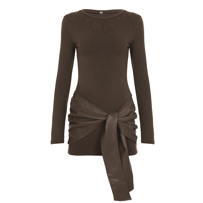 Damen nan tailliertes Longsleeve-Minikleid mit Kunstleder-Wickelbund und Drapé-Detail Drune