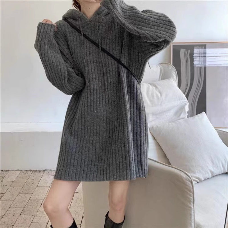 Damen Strick‑Kapuzenkleid mit gerippter Struktur und oversized Silhouette Drune