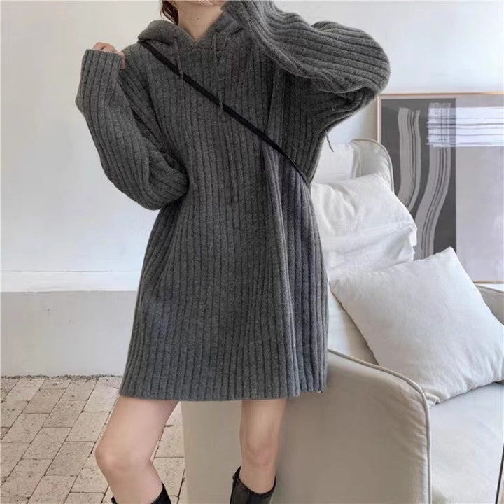 Damen Strick‑Kapuzenkleid mit gerippter Struktur und oversized Silhouette Drune