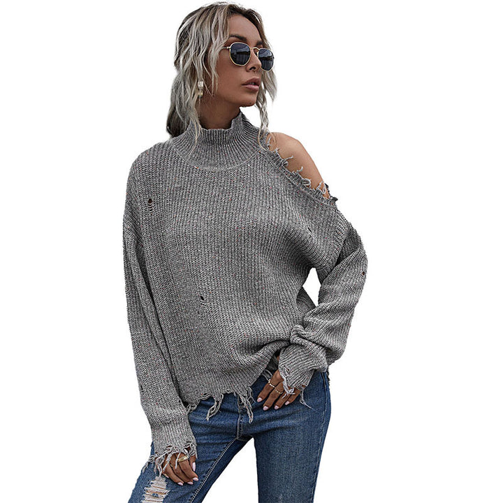 Damen Grobstrickpullover mit hohem Kragen, asymmetrischem Schultercut‑Out und ausgefranster Saum Drune