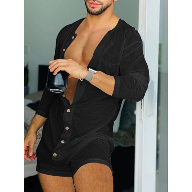 Herren nan komfortabler Kurzoverall mit Rundhalsausschnitt, durchgehender Holzknopfleiste und Brusttasche Drune