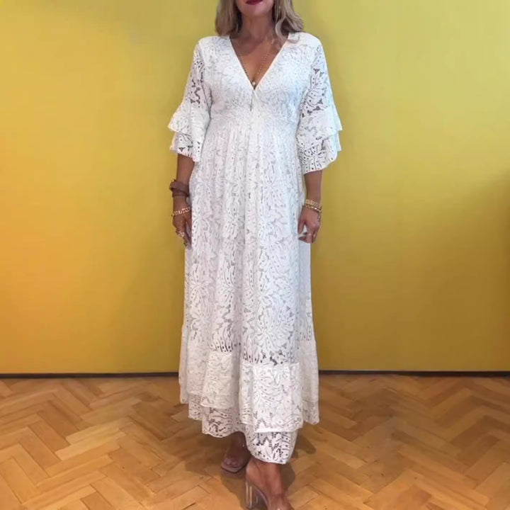 Damen nan Boho-Spitzen-Maxikleid mit V-Ausschnitt, Unterbrustnaht und gestuften Volantärmeln Drune