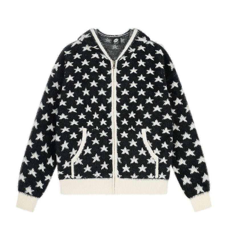Damen Flauschige Strick-Zipjacke mit Allover-Sternmuster, Kängurutaschen und Rippbündchen Drune