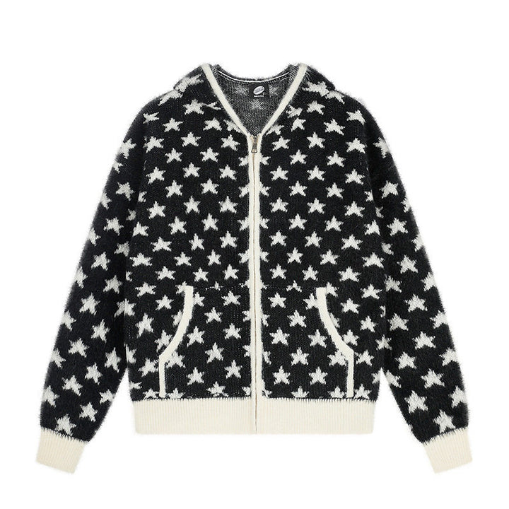 Damen Flauschige Strick-Zipjacke mit Allover-Sternmuster, Kängurutaschen und Rippbündchen Drune