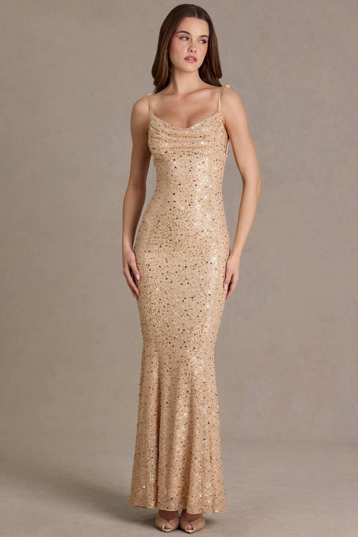 Damen elegantes Pailletten-Maxi-Kleid mit schickem Wasserfallausschnitt und figurbetonter Silhouette Drune
