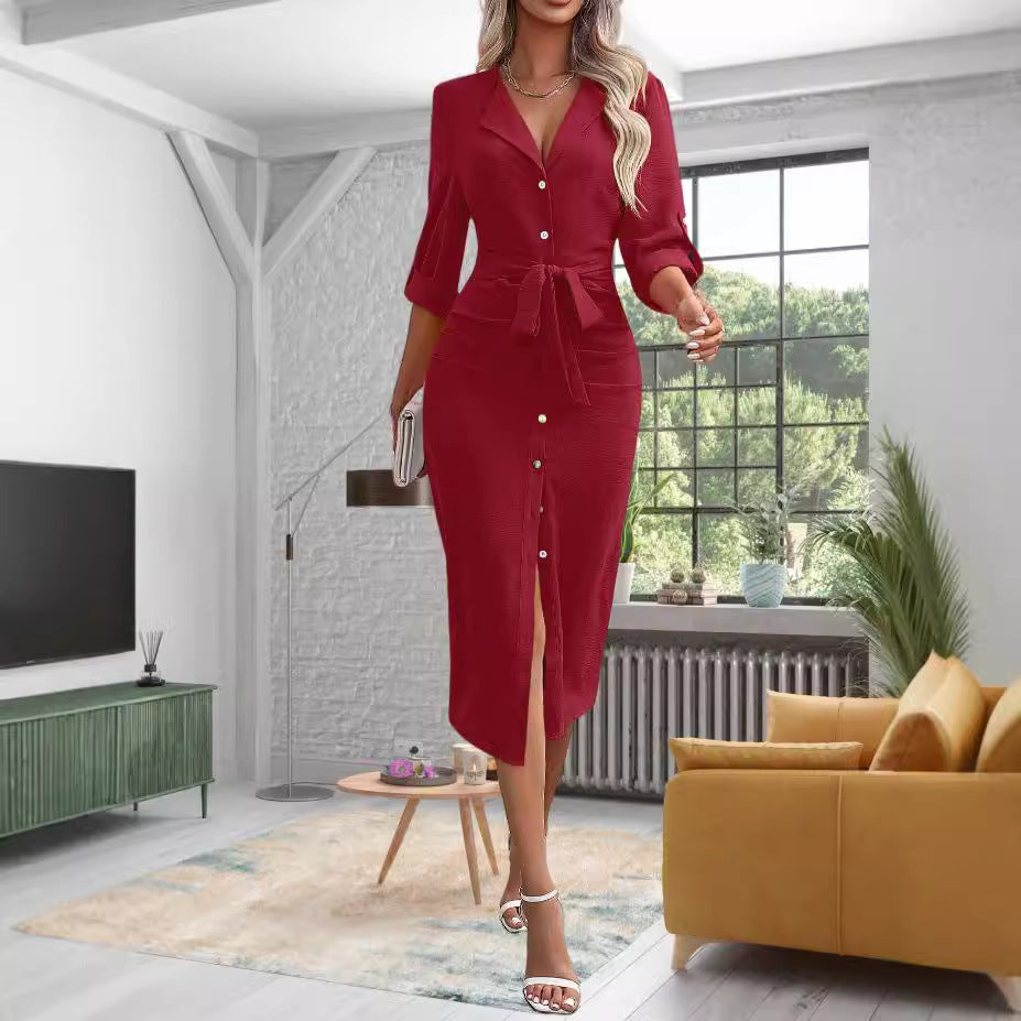 Damen Elegantes Midi-Kleid mit Gürtel und Knopfdetail Drune