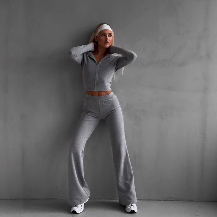 Damen lässiger Fitnesstraininganzug mit Reißverschluss und weiten Beinen Drune