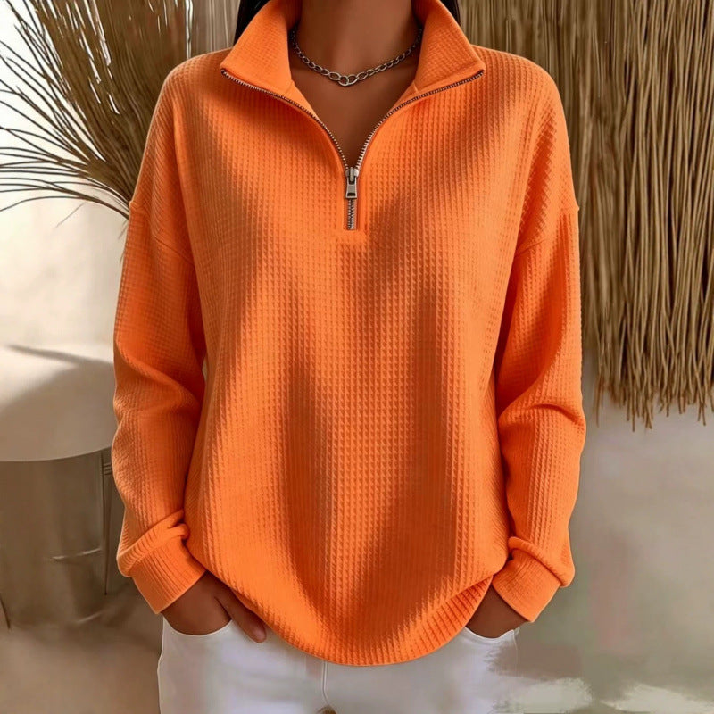Damen Waffelstrick-Sweatshirt mit halbem Reißverschluss und Stehkragen Drune