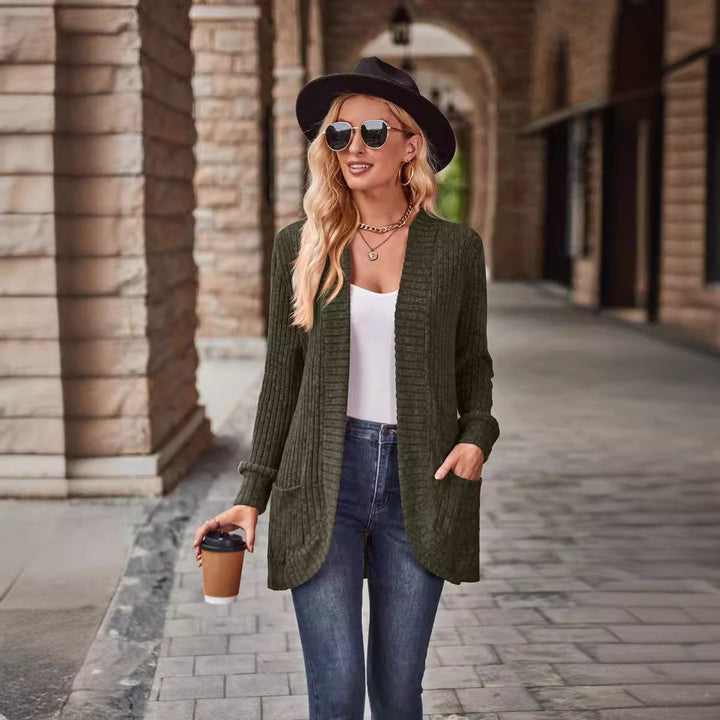 Damen nan langer gerippter Cardigan mit aufgesetzten Taschen und offener Front Drune