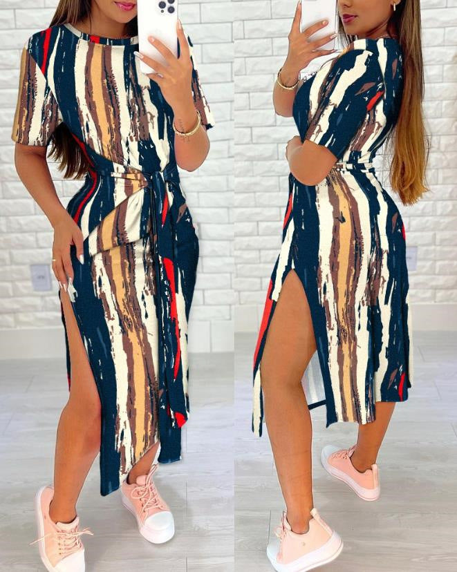 Damen Langarm Wickelkleid mit seitlichem Schlitz und Gürteldetail Drune