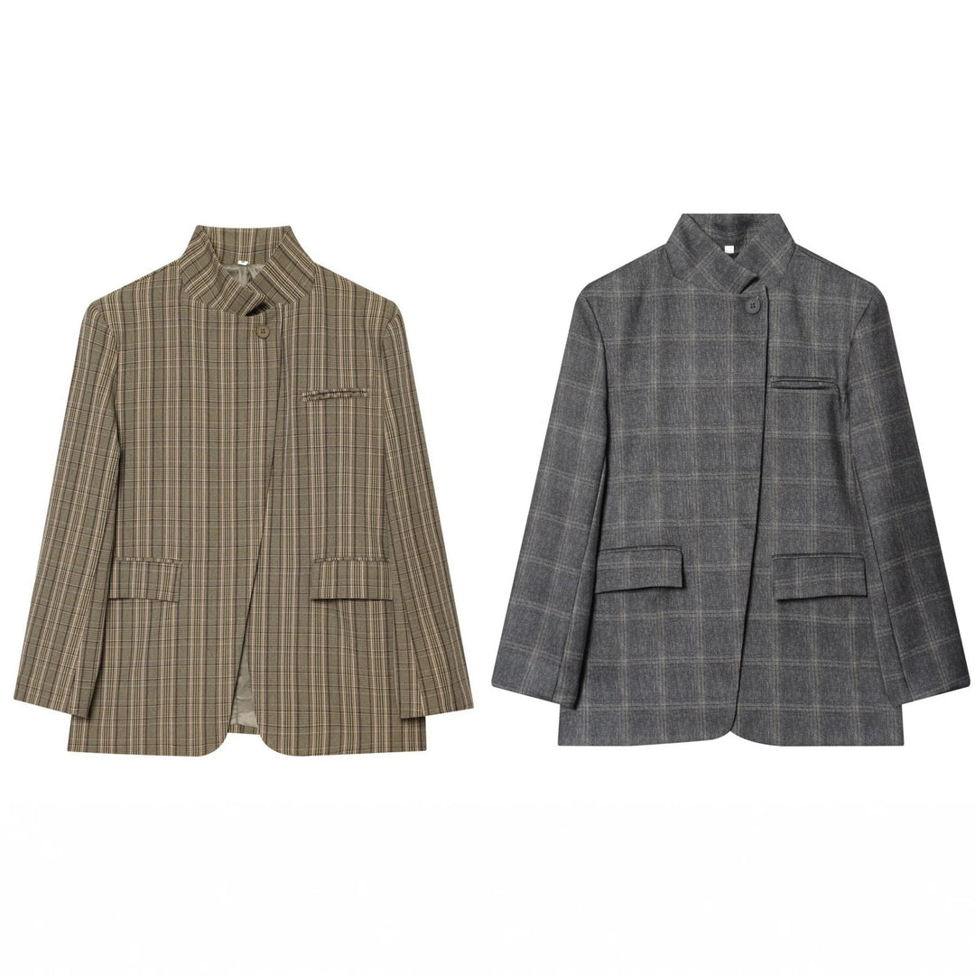 Damen Kastenförmiger Glencheck-Blazer mit Stehkragen und Pattentaschen Drune