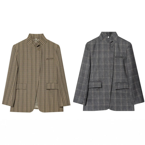Damen Kastenförmiger Glencheck-Blazer mit Stehkragen und Pattentaschen Drune