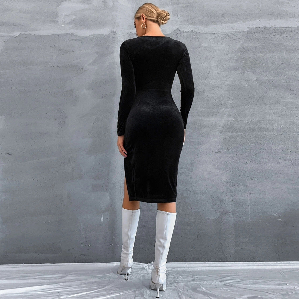 Damen Samt-Midikleid mit quadratischem Ausschnitt, taillierter Raffung und hohem Seitenschlitz Drune