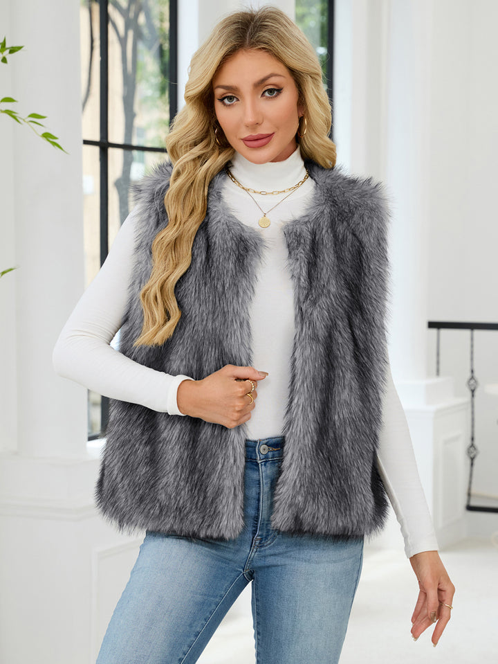 Damen Flauschige Kunstpelzweste mit voluminösem Kragen Drune