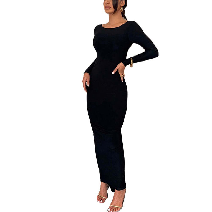 Damen enganliegendes Maxikleid mit langen Ärmeln figurbetonter Stretch-Silhouette und U-Boot-Ausschnitt Drune