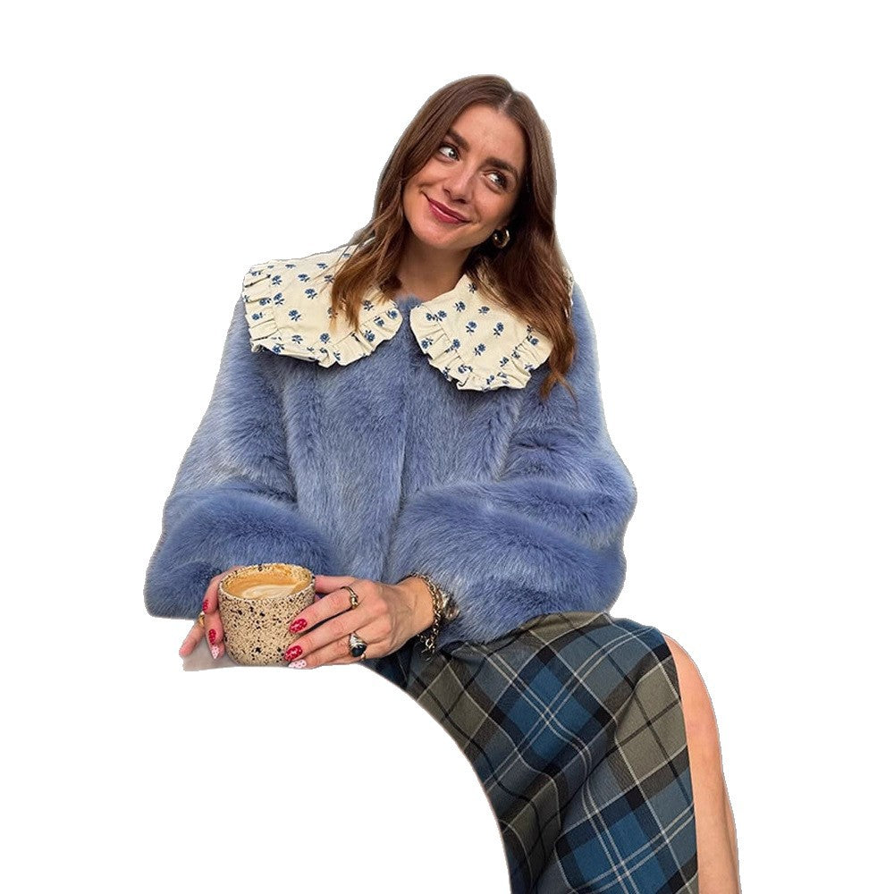 Damen Kurze Kunstpelzjacke mit markantem Häkelkragen Drune
