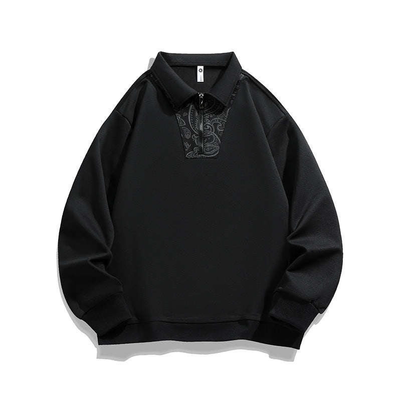 Herren Lockeres Sweatshirt mit Polokragen, halbem Reißverschluss und Paisley-Besatz Drune