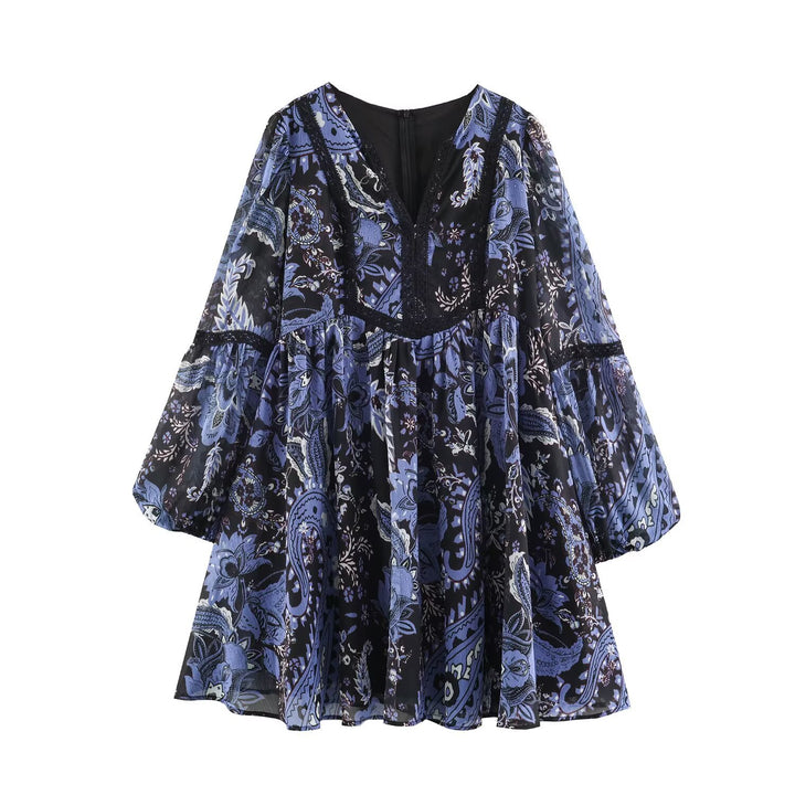 Damen Boho-Minikleid mit V-Ausschnitt, Spitzenbesatz und Ballonärmeln Drune