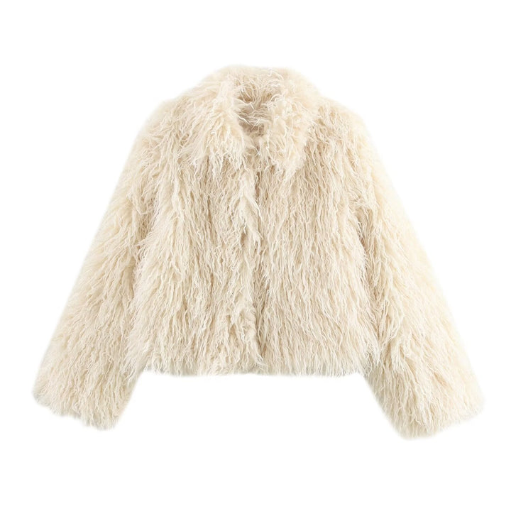 Damen Kurz geschnittene Shaggy-Faux-Fur-Jacke mit voluminösem Schalkragen Drune