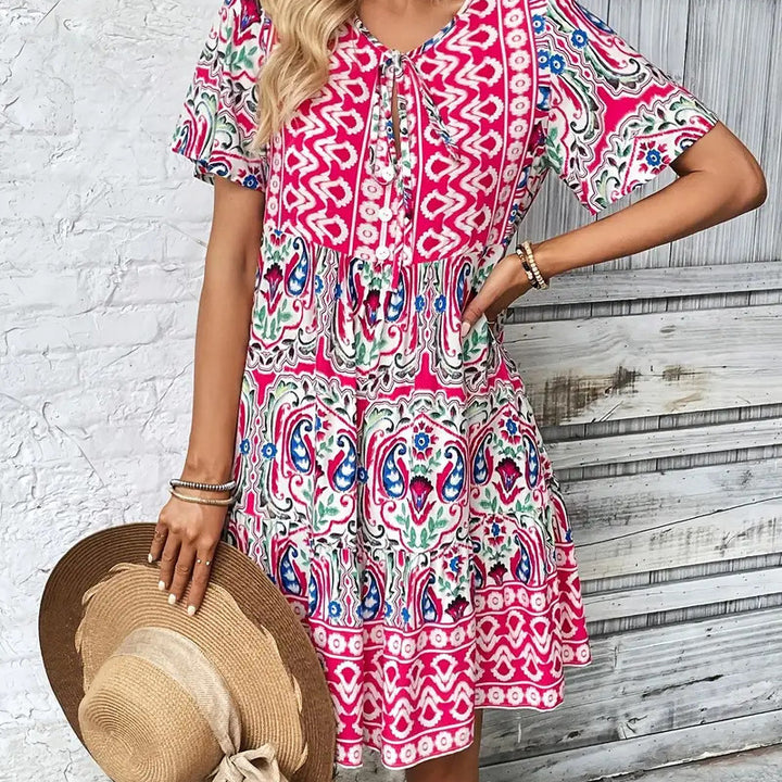 Damen Midi-Kleid mit verspieltem Muster und Knopfleiste Drune