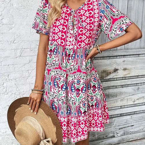 Damen Midi-Kleid mit verspieltem Muster und Knopfleiste Drune