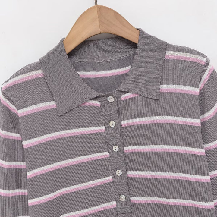 Damen Gestreifter Feinstrick-Polo-Pullover mit Knopfleiste und Rippbündchen Drune
