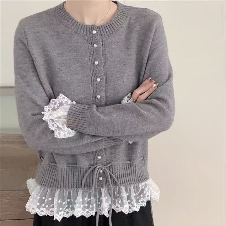 Damen Strickjacke mit Spitzenabschluss und Knopfdetails Drune