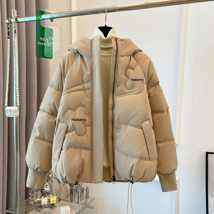 Damen Modische Kurze Daunenjacke mit Kapuze und praktischen Taschen Drune