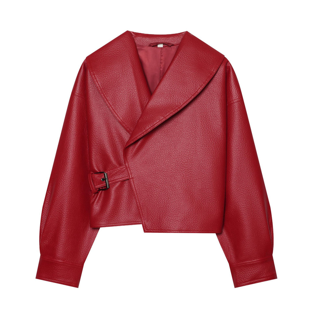 Damen Cropped Kunstlederblouson mit großem Schalkragen und Taillenband Drune