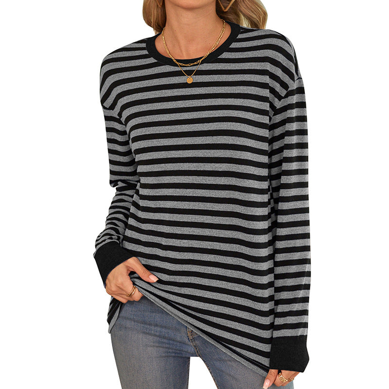 Damen bequemes Langarmshirt mit gestreiftem Design und Rundhalsausschnitt Drune