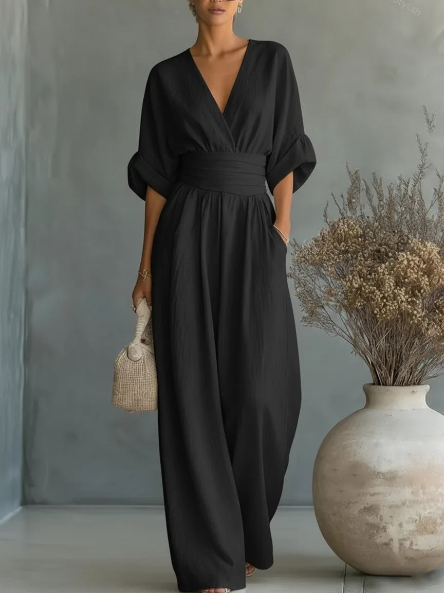 Damen Maxikleid mit V-Ausschnitt und Puffärmeln Drune