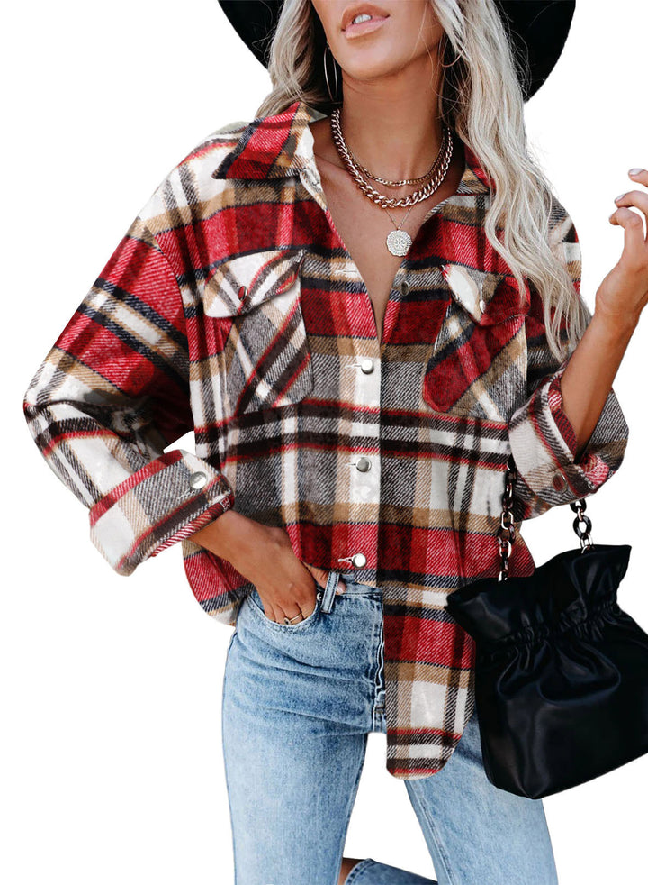 Damen Overshirtjacke aus weichem Karostoff mit praktischen Brusttaschen Drune