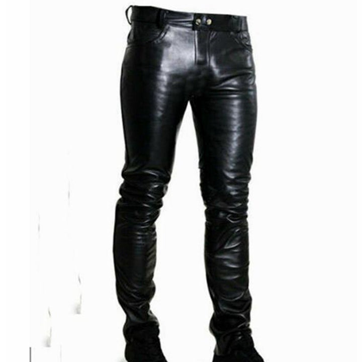 Herren Eng anliegende Hose in Lederoptik mit schmaler Silhouette und Druckknopfbund Drune