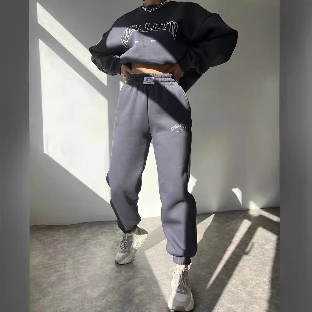 Damen Oversized College-Sweatshirt und High-Waist-Jogger-Set aus French-Terry Drune