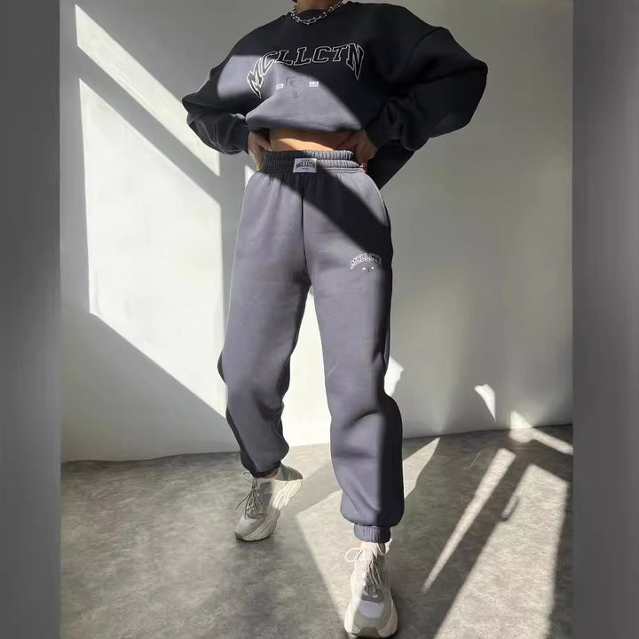 Damen Oversized College-Sweatshirt und High-Waist-Jogger-Set aus French-Terry Drune