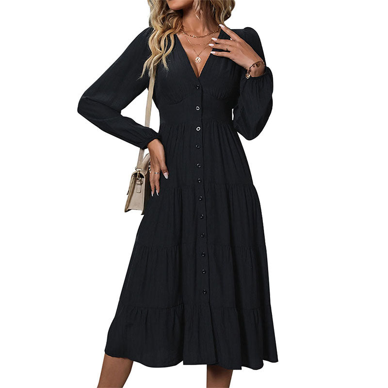 Damen Viskose‑Look Stufenkleid mit durchgehender Knopfleiste, taillierter Empire‑Naht und Ballonärmeln Drune