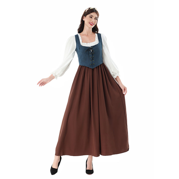 Damen nan historisches Mittelalterkleid mit geschnürter Miederweste, rüschiger Bluse und weitem Maxirock Drune