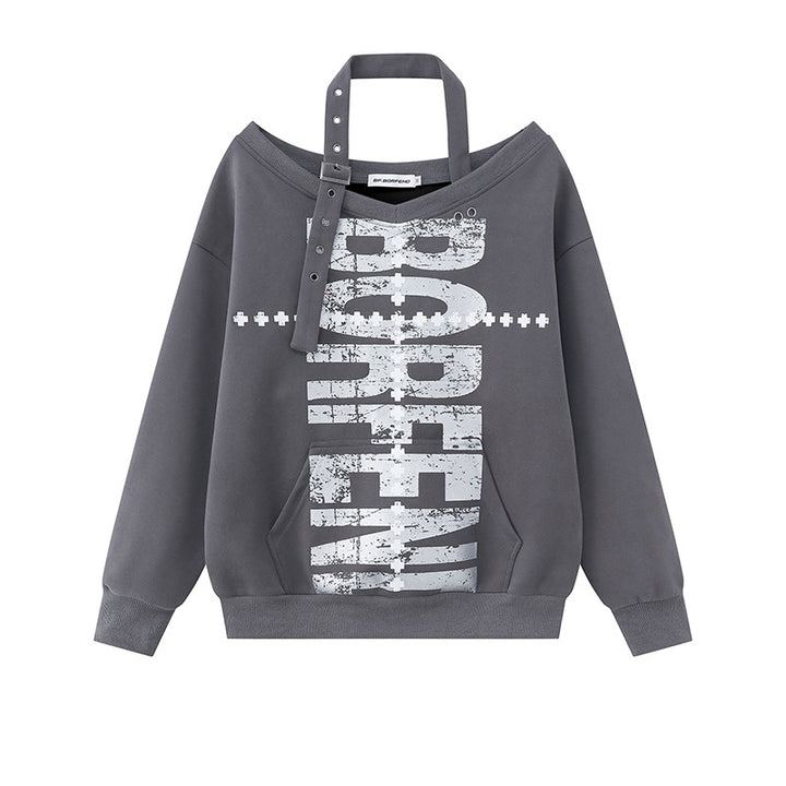 Damen Oversize-Sweatshirt mit asymmetrischem Träger, Kängurutasche und großem Lettering Drune