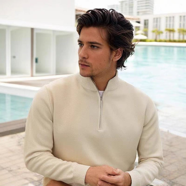 Herren Feinstrick-Halbzip-Pullover mit Stehkragen und Rippbündchen Drune