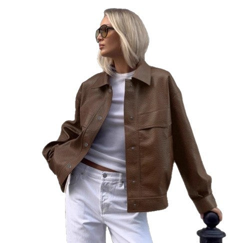 Damen Modische Kunstlederjacke im lässigen Oversized-Schnitt Drune