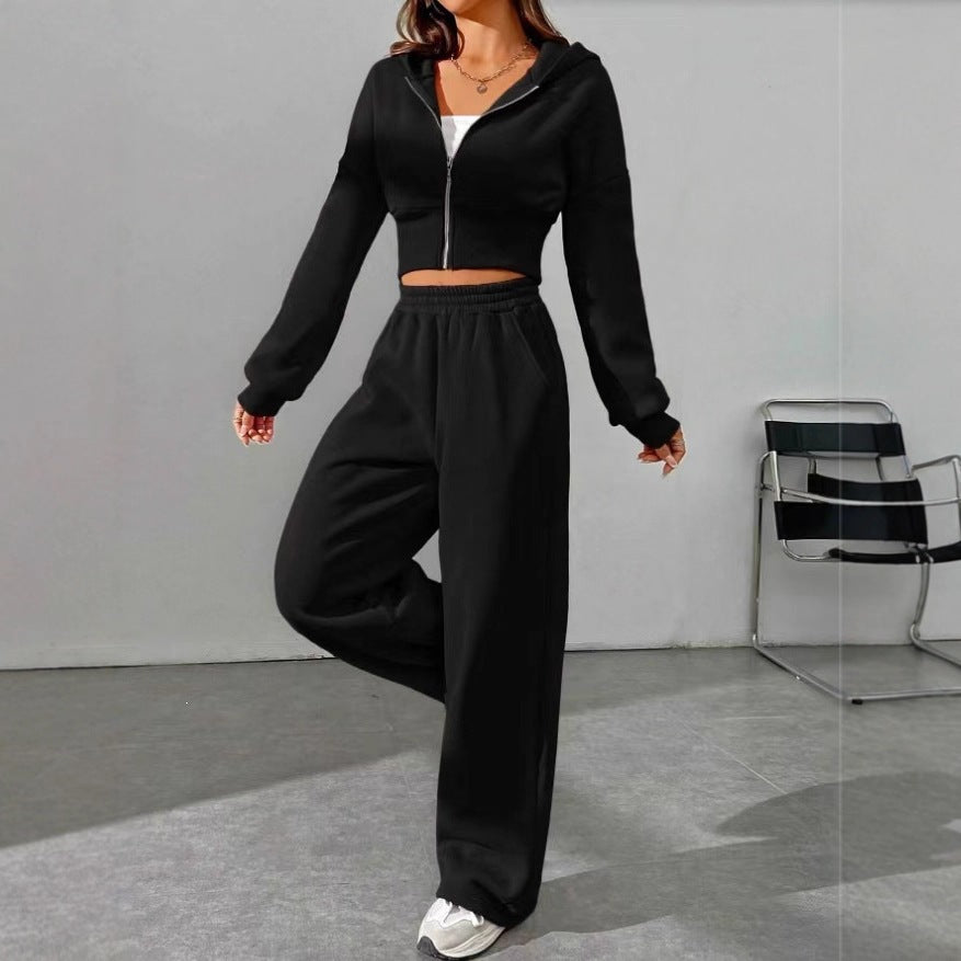 Damen nan kurzes Kapuzen-Sweatshirt mit Reißverschluss und weite High-Waist Jogginghose Drune