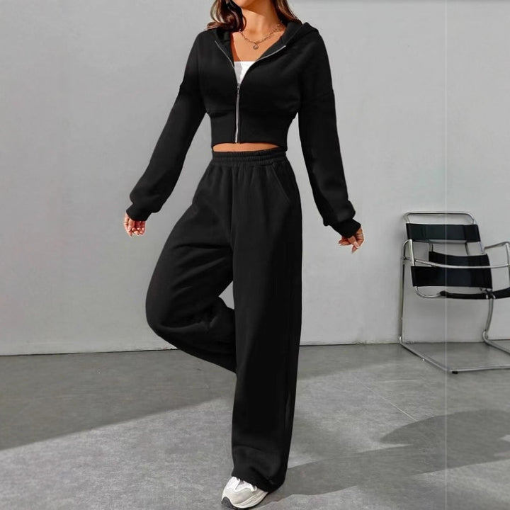 Damen nan kurzes Kapuzen-Sweatshirt mit Reißverschluss und weite High-Waist Jogginghose Drune