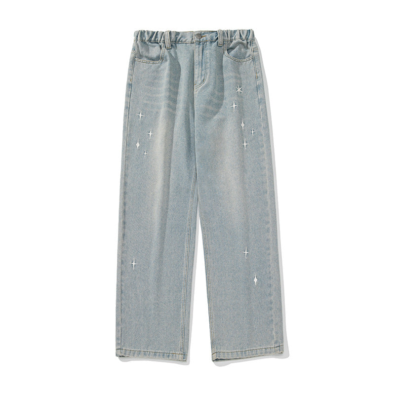 Damen Hochgeschnittene Jeanshose mit gerafftem Bund, Sternstickerei und weitem Bein Drune