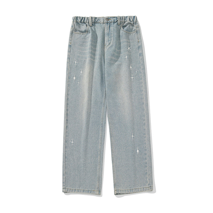 Damen Hochgeschnittene Jeanshose mit gerafftem Bund, Sternstickerei und weitem Bein Drune