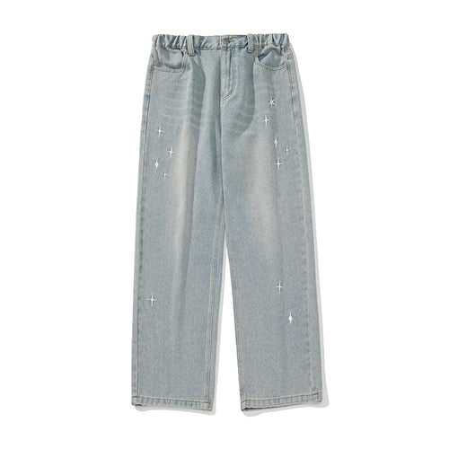 Damen Relaxed-Fit Paperbag-Denimhose mit Gummibund, geradem Bein und Stern-Applikationen Drune