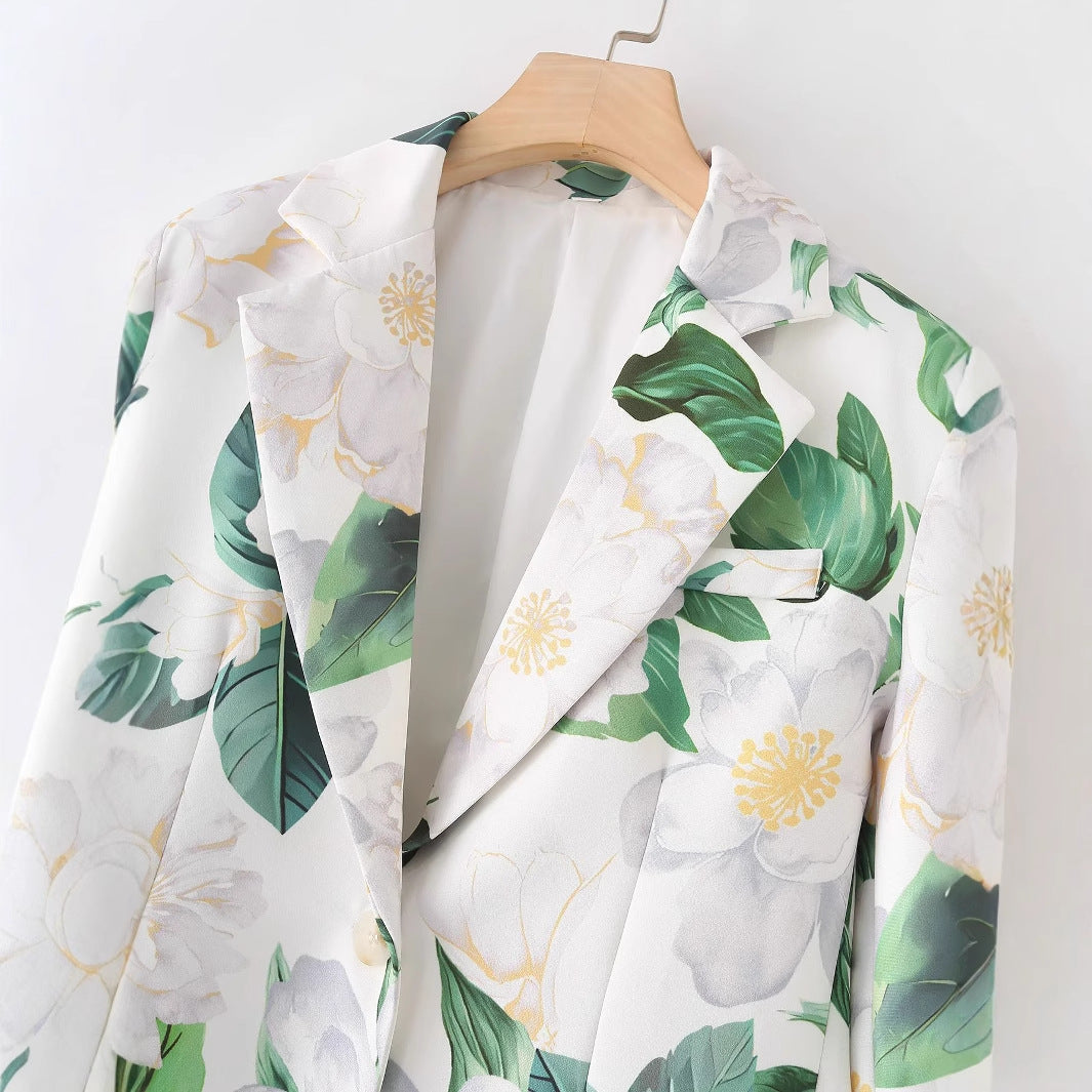 Damen nan floral bedruckter Longblazer mit Reverskragen und Leistentaschen Drune