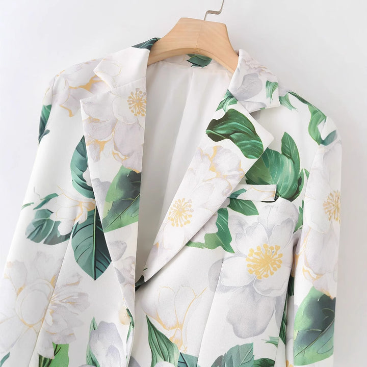Damen nan floral bedruckter Longblazer mit Reverskragen und Leistentaschen Drune