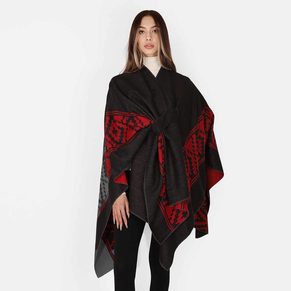 Damen Jacquard‑Ruana mit Bindegürtel und geometrischem Muster Drune