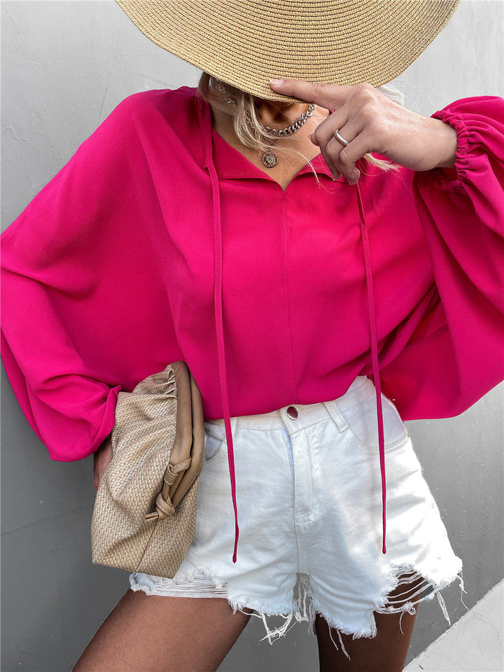 Damen luftiges Blusenshirt mit weiten Ärmeln und modischem Schleifendetail Drune