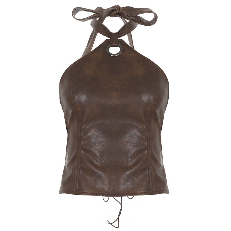 Damen Kunstleder Crop-Top mit verspieltem Bindeband und dekorativem Ring Drune